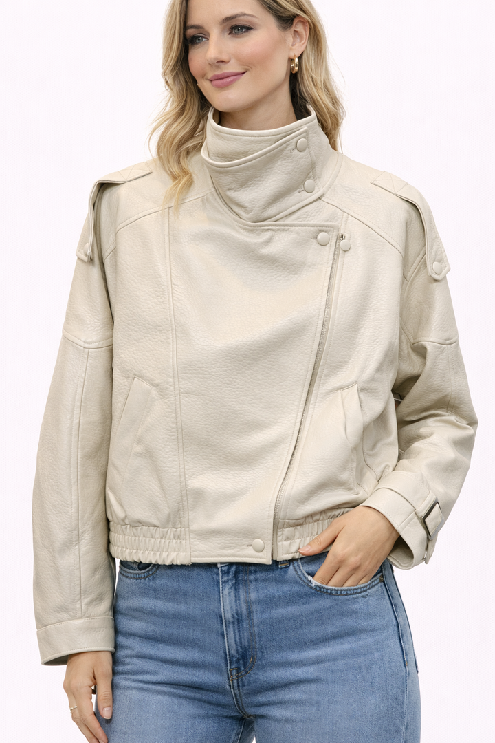 Luxe Edge Faux Leather Biker Jacket – Beige & Black 8822