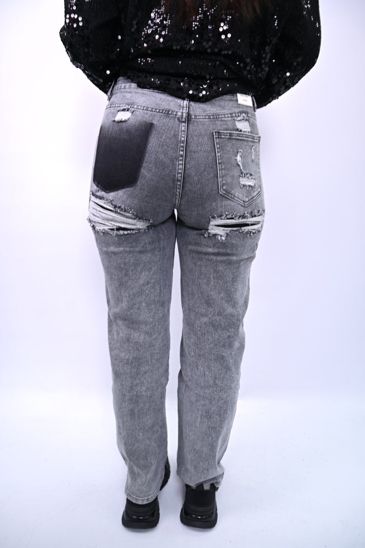 Grey Acid Wash Distressed Jeans with Dark Pocket Detail G90Y