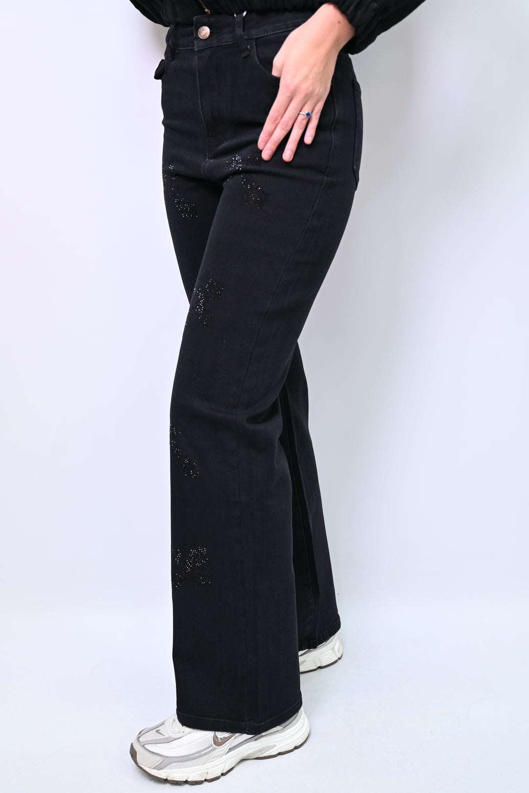 Midnight Glint – Embellished Black Denim Wideleg HelloMiss H979-5