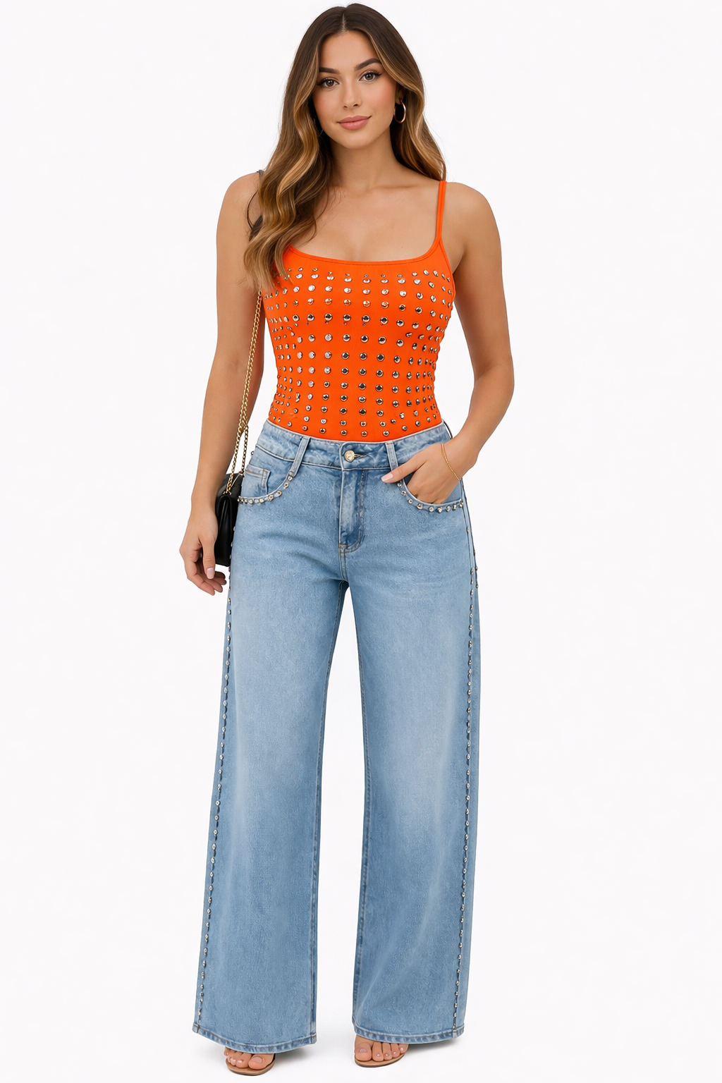 Luna Stud Detail Wide Leg Jeans – Light Blue FOLYROSE Y5520