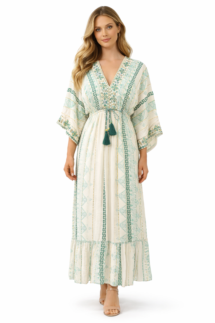 Bohemian Maxi Jurk met Geometrische Print & Borduursels 2509
