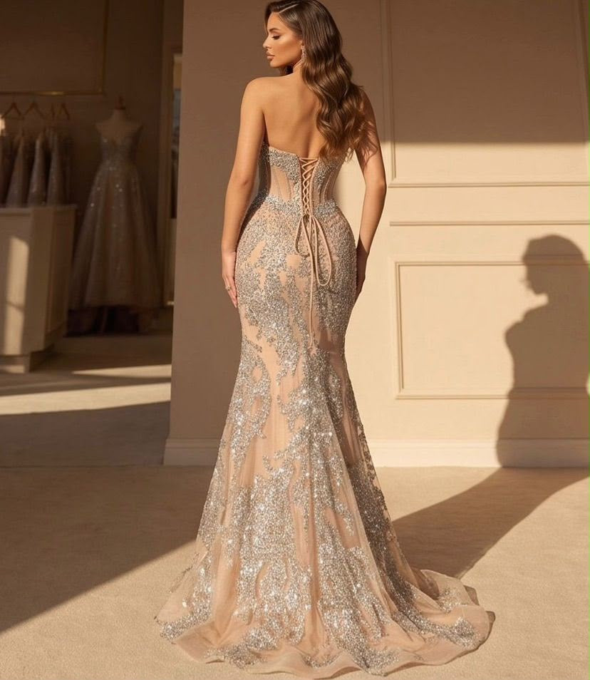Aurelia Crystal Mermaid Gown – Nude/Silver 81025