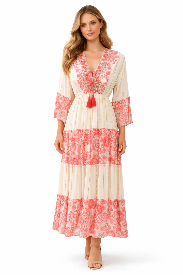 Bohemian Maxi Jurk met Borduursels & Paisley Print 2709