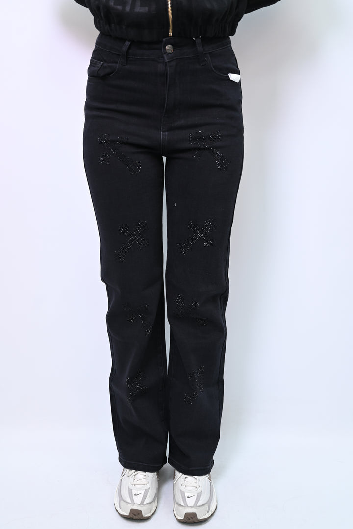 Midnight Glint – Embellished Black Denim Wideleg HelloMiss H979-5
