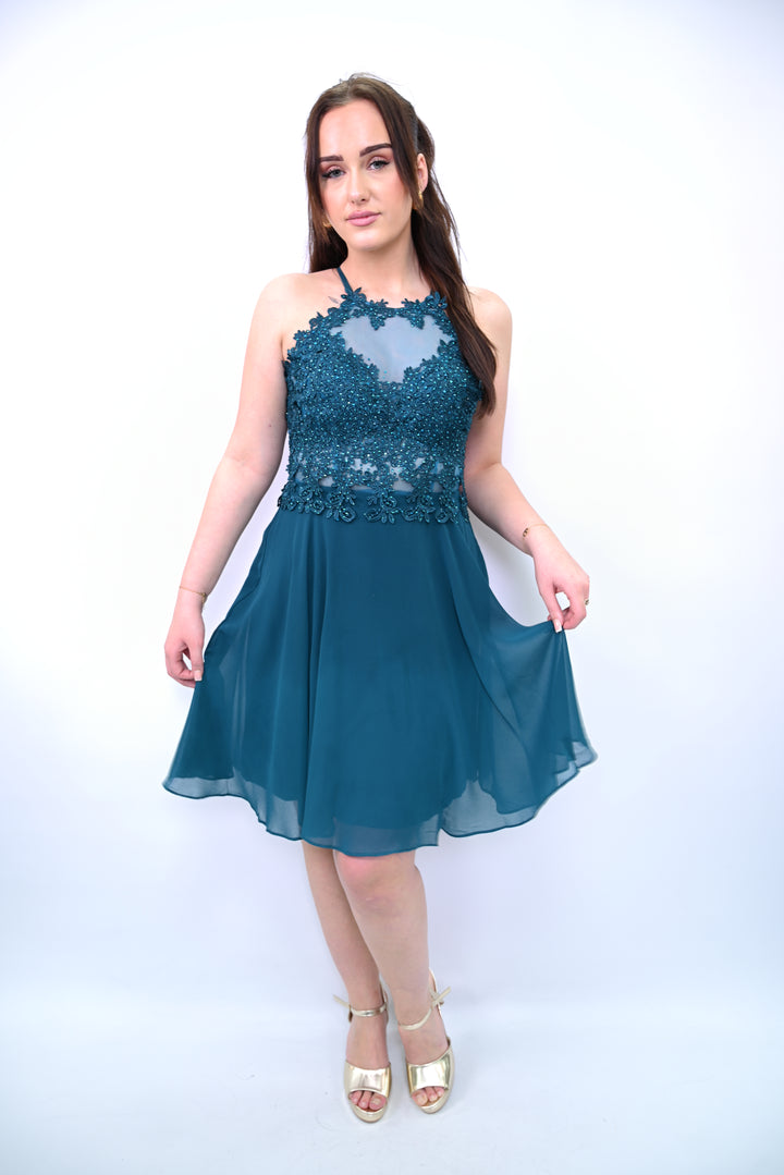 Halter Lace Chiffon Mini Dress 7014