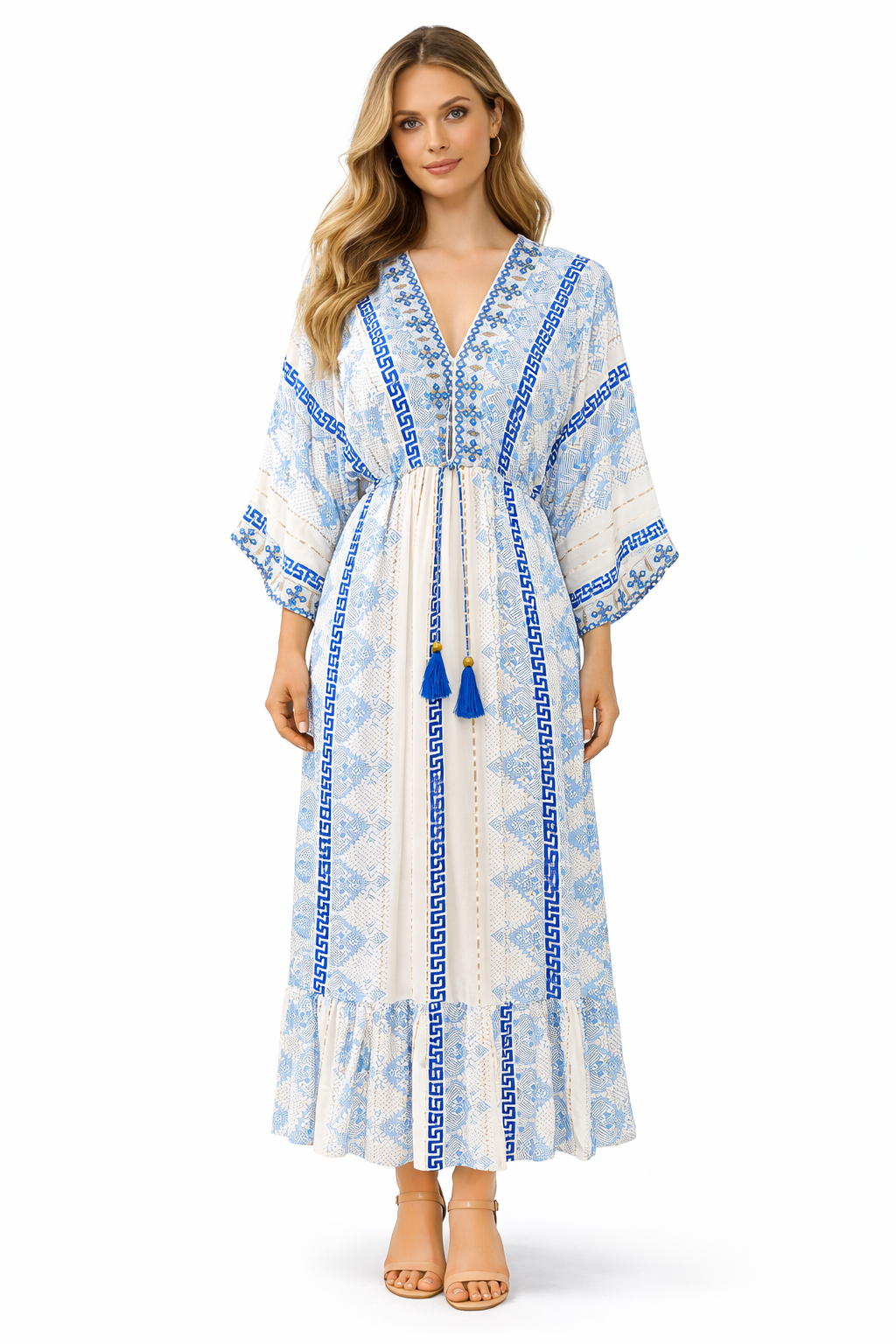 Bohemian Maxi Jurk met Geometrische Print & Borduursels 2509