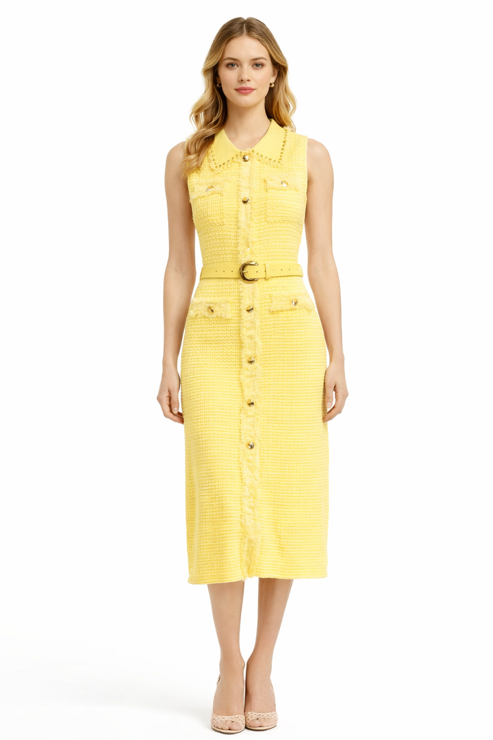 Elegance Tweed Midi Jurk met Gouden Knopen & Taille Riem MS2129