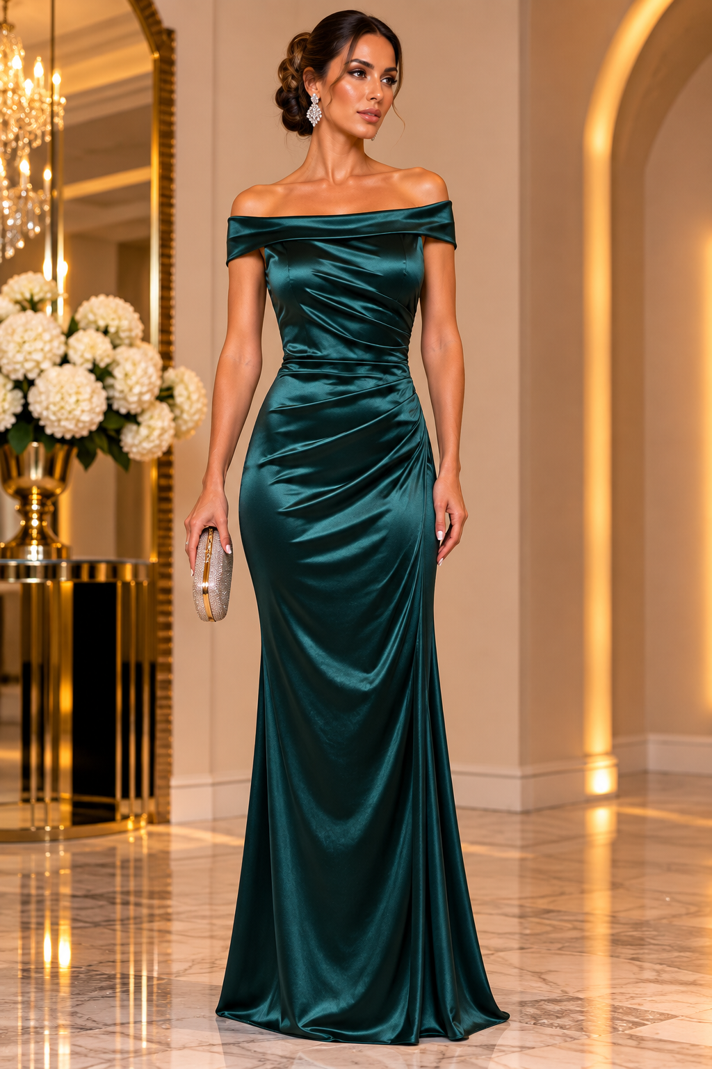 Sienna Satin Off-Shoulder Gown V6609