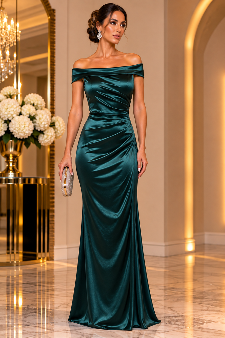Sienna Satin Off-Shoulder Gown V6609