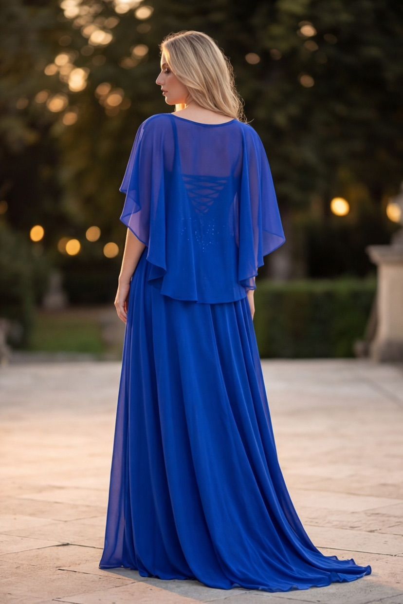 Celeste Glam Cape Evening Gown – Royal Blue, Blush Pink, Baby Blue & Ruby Red 0041