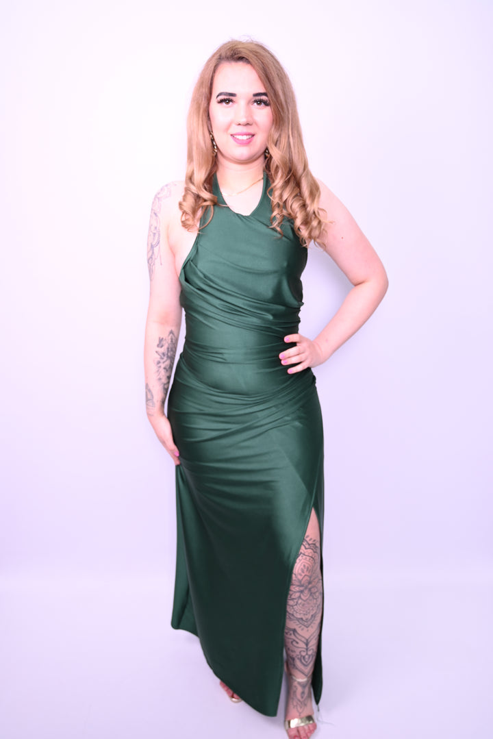 Lange avondjurk met split en satijnen glans 31378