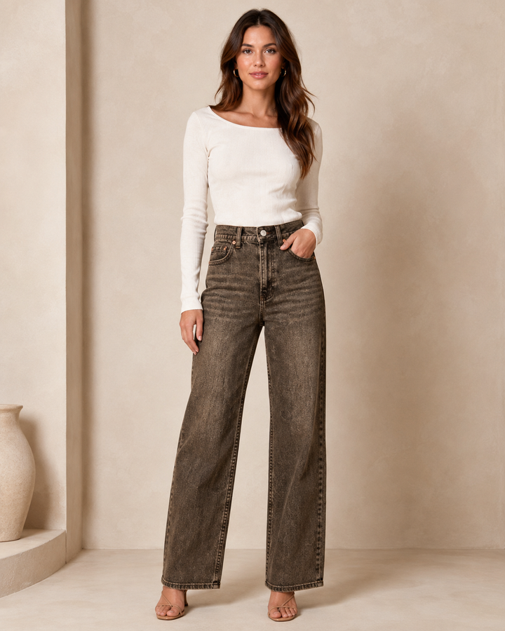 Elin Vintage Brown Wide Leg Jeans Jewelly JW9639