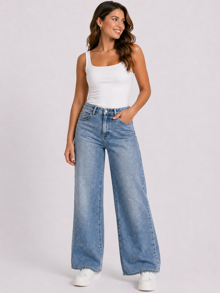 Luxe Wide Leg Jeans met Subtiele Glitterdetails HelloMiss HM8641