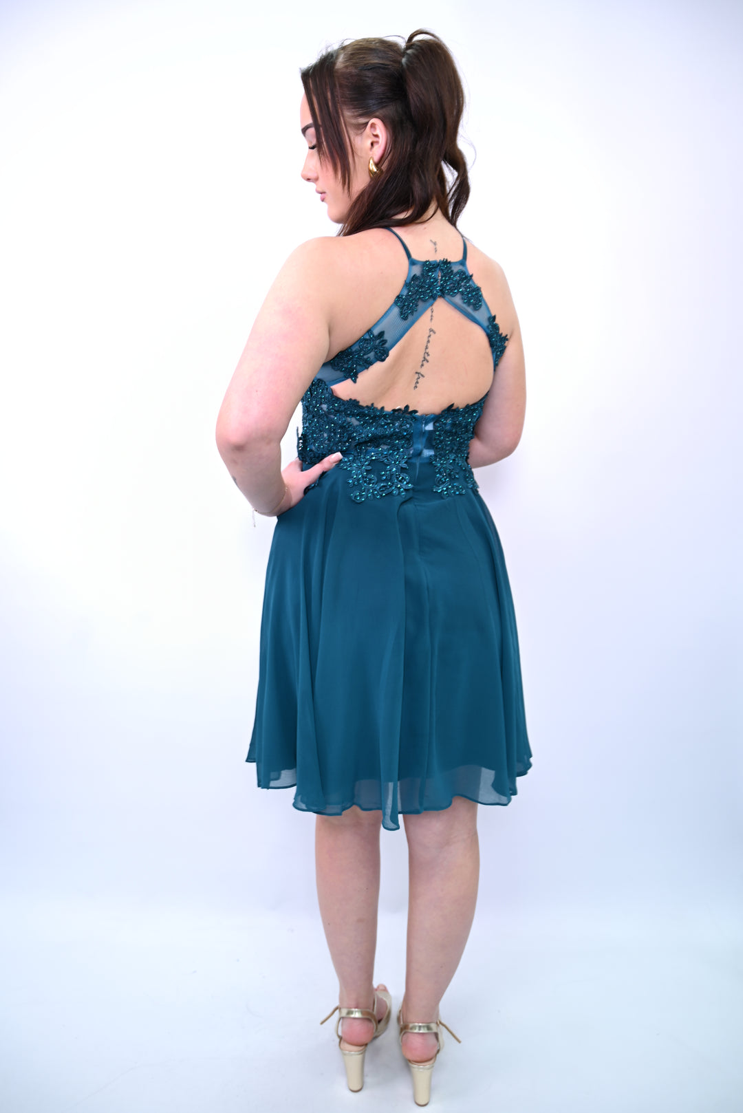 Halter Lace Chiffon Mini Dress 7014