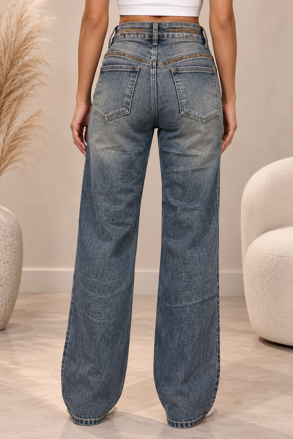 Bronze Rhinestone Wide Leg Jeans – Vintage Blue ST1109