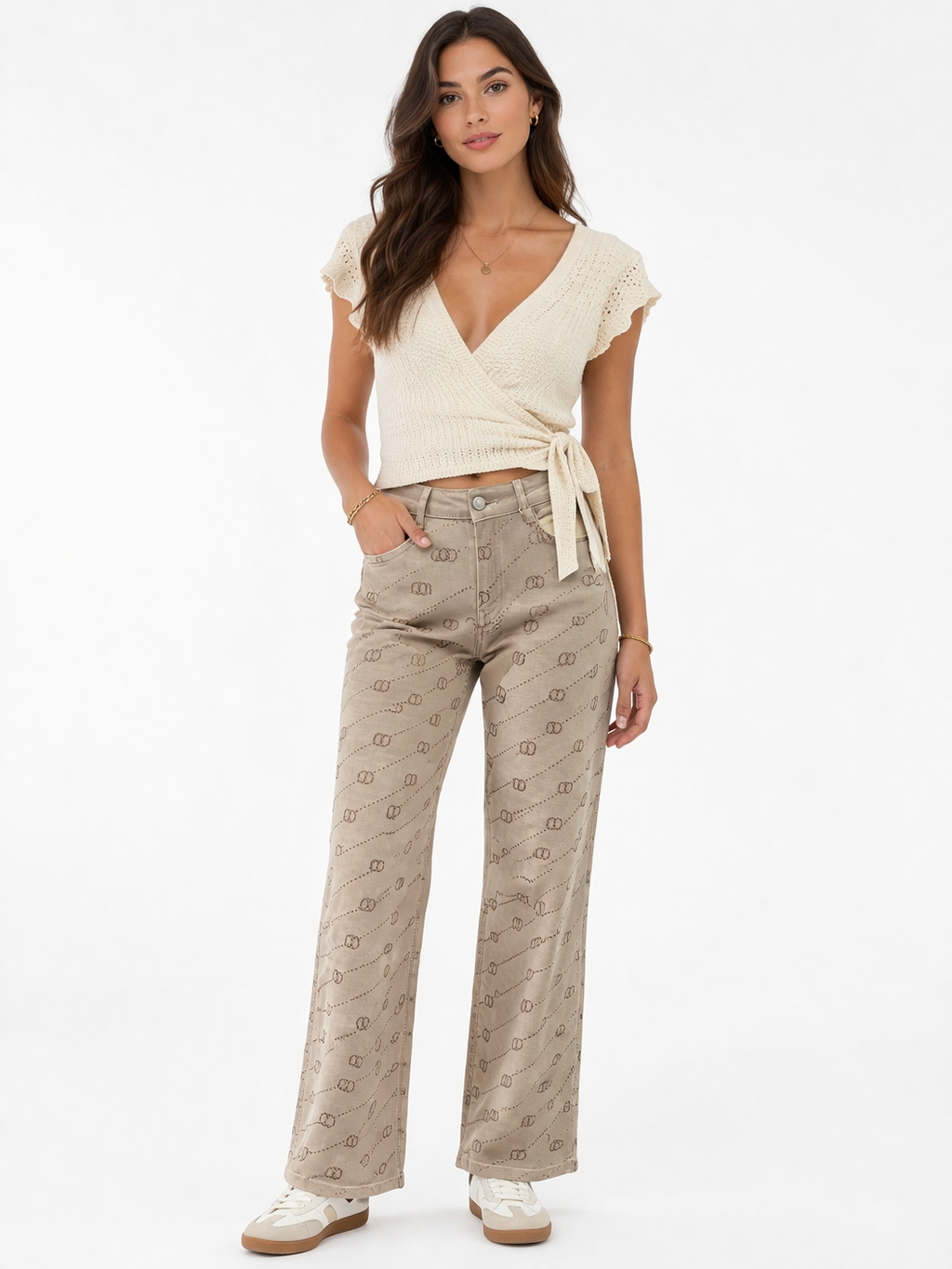 Beige Monogram Wide Leg Jeans – Luxe Comfort Fit FOLYROSE Y6770G