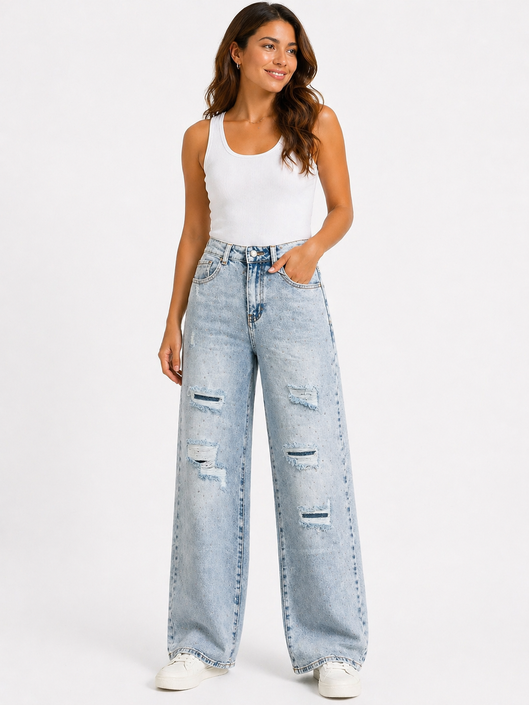 Wide Leg Jeans met Strass & Destroyed Details – Lichtblauw HelloMiss HM8667