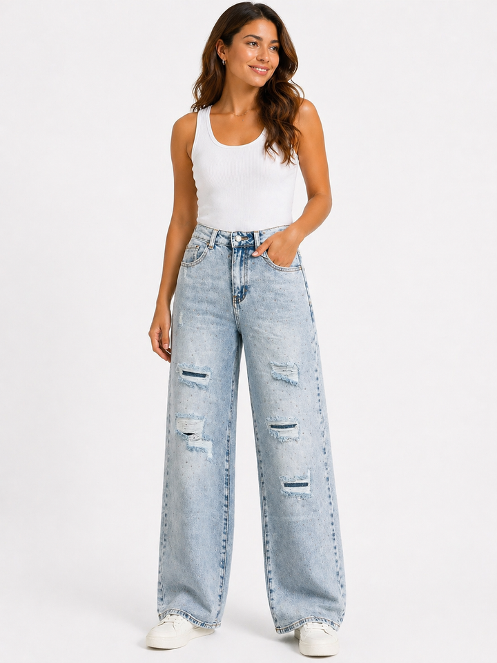 Wide Leg Jeans met Strass & Destroyed Details – Lichtblauw HelloMiss HM8667