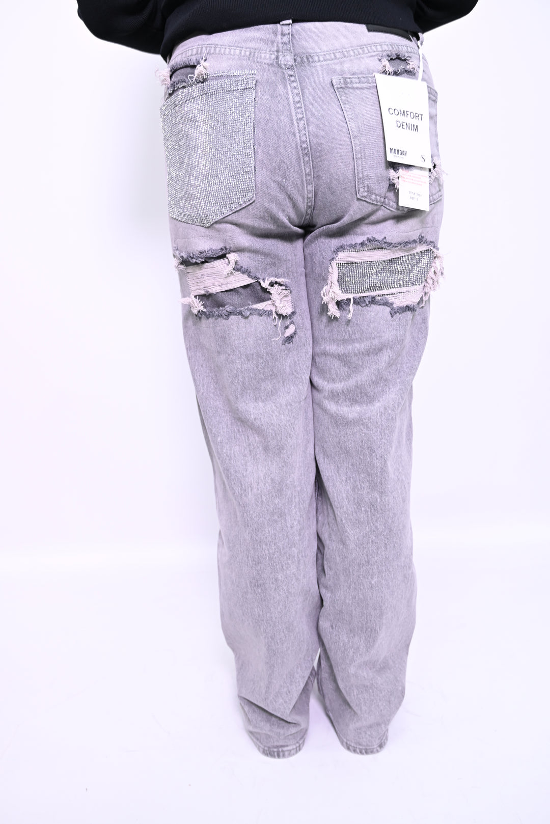 Grijze Distressed Jeans met Metallic Studs Monday T63-1