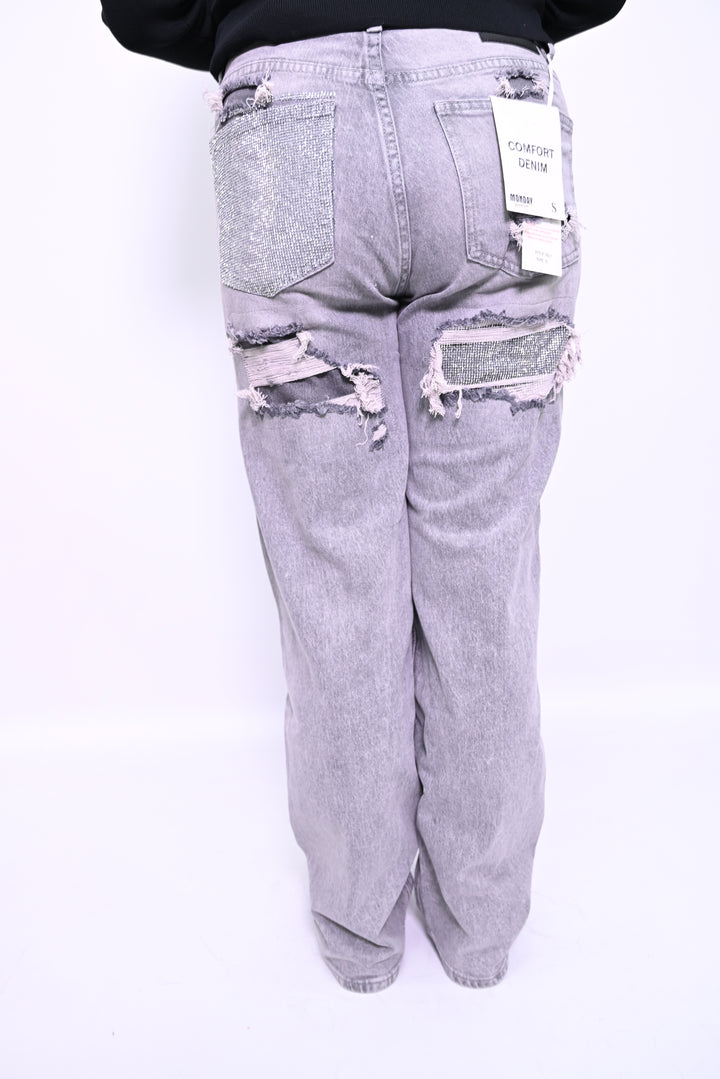 Grijze Distressed Jeans met Metallic Studs Monday T63-1