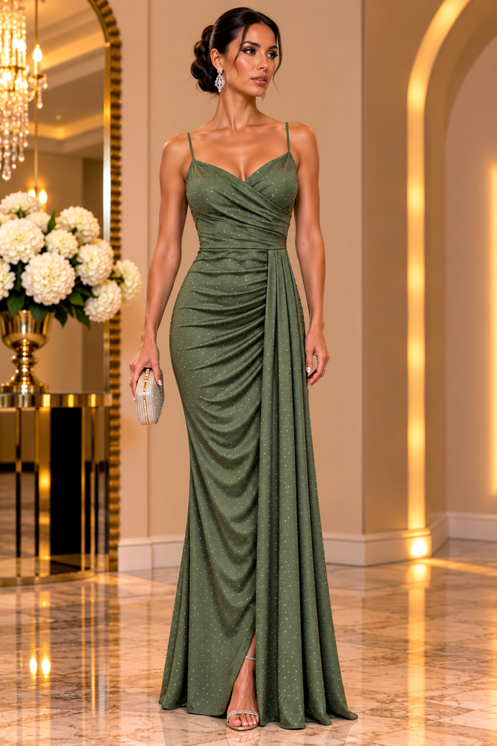 Celeste Teal Rhinestone Draped Evening Gown V6746