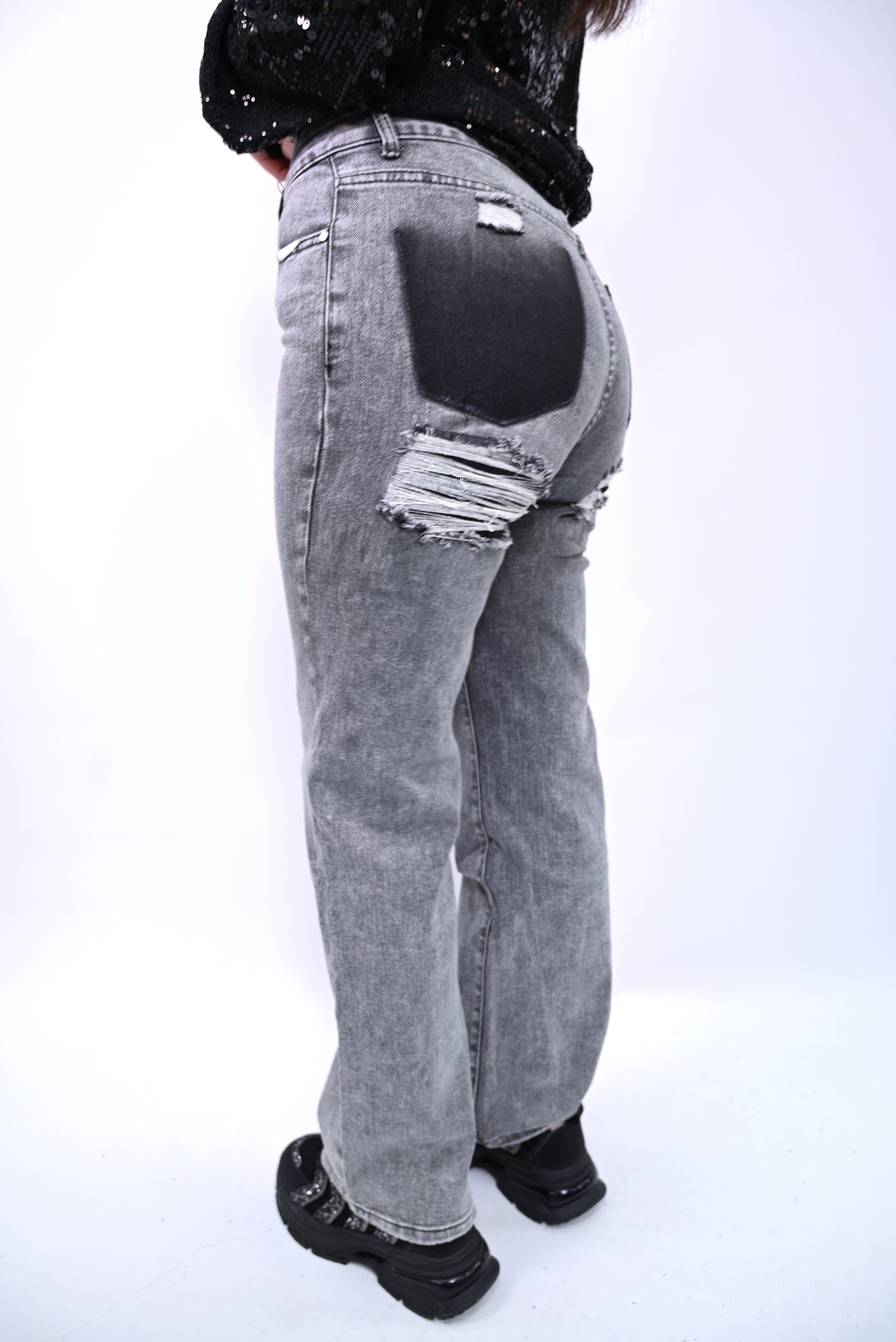 Grey Acid Wash Distressed Jeans with Dark Pocket Detail G90Y