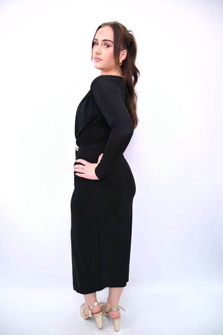 Long-Sleeve Drape Midi Dress with Buckle Detail 26113