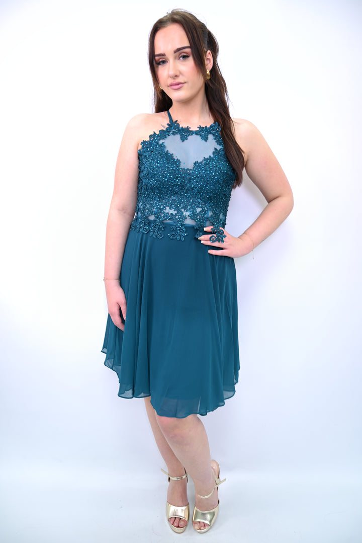 Halter Lace Chiffon Mini Dress 7014