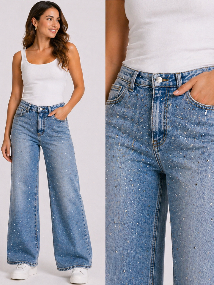 Luxe Wide Leg Jeans met Subtiele Glitterdetails HelloMiss HM8641