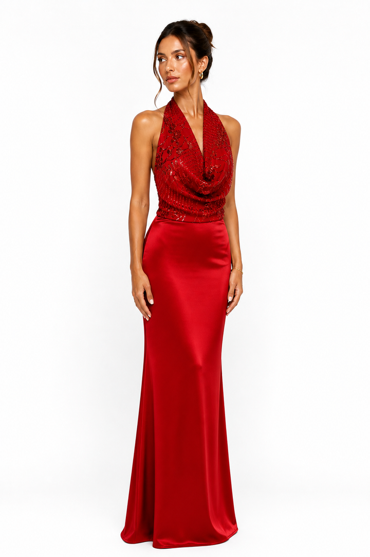 Luxe Halter Glamour Jurk – Satin & Sequin Elegance 6561