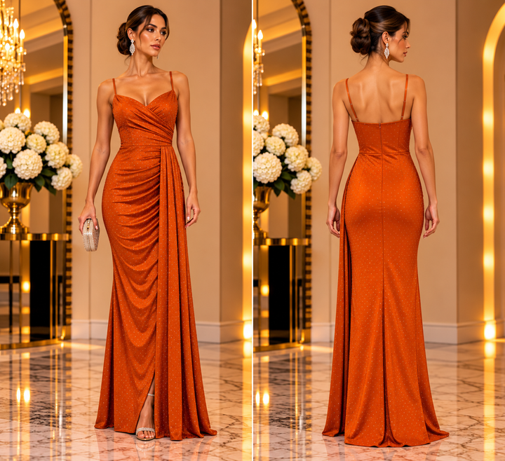 Celeste Teal Rhinestone Draped Evening Gown V6746