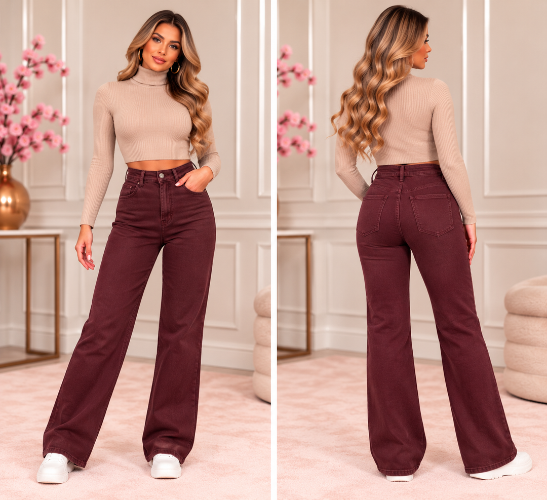 Burgundy Wide Leg Denim Jeans ST1166-6