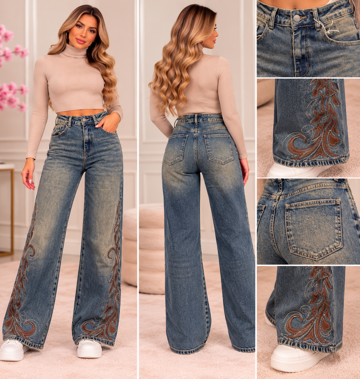 Vintage Western Embroidered Wide Leg Jeans ST1123
