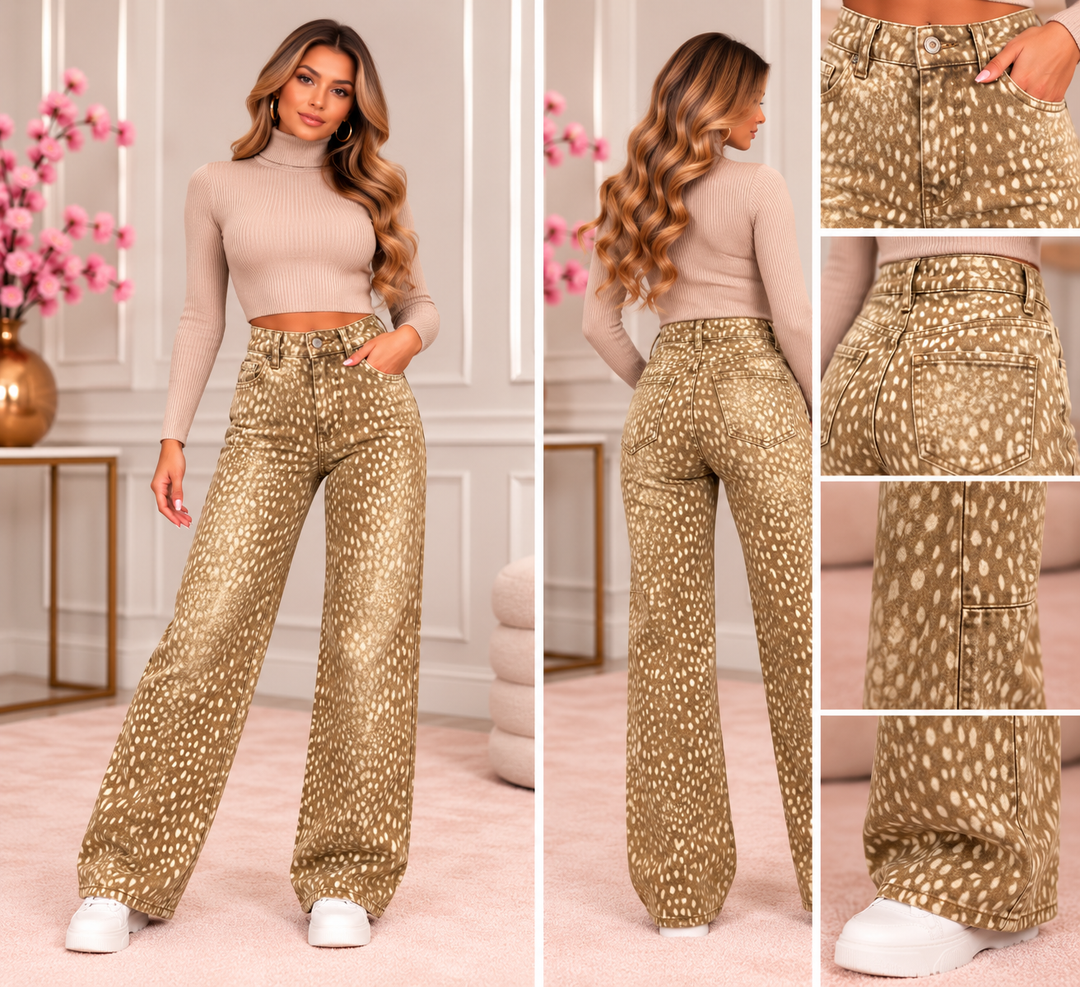 Bambi Print Wide Leg Jeans – Sand Beige F2827