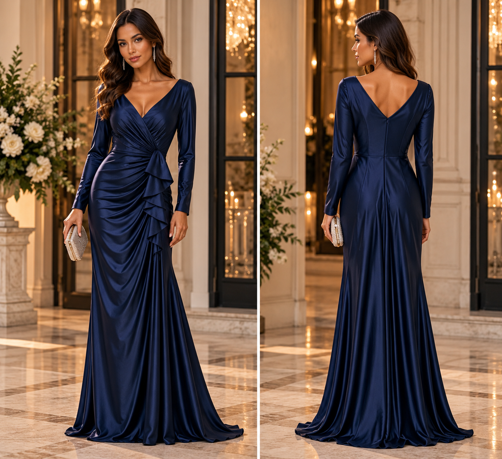 Midnight Elegance – Satijnen Galajurk met V-hals en Ruffle Details R1900
