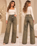 Olive Vintage Wide-Leg Jeans – Rhinestone Detail JR804