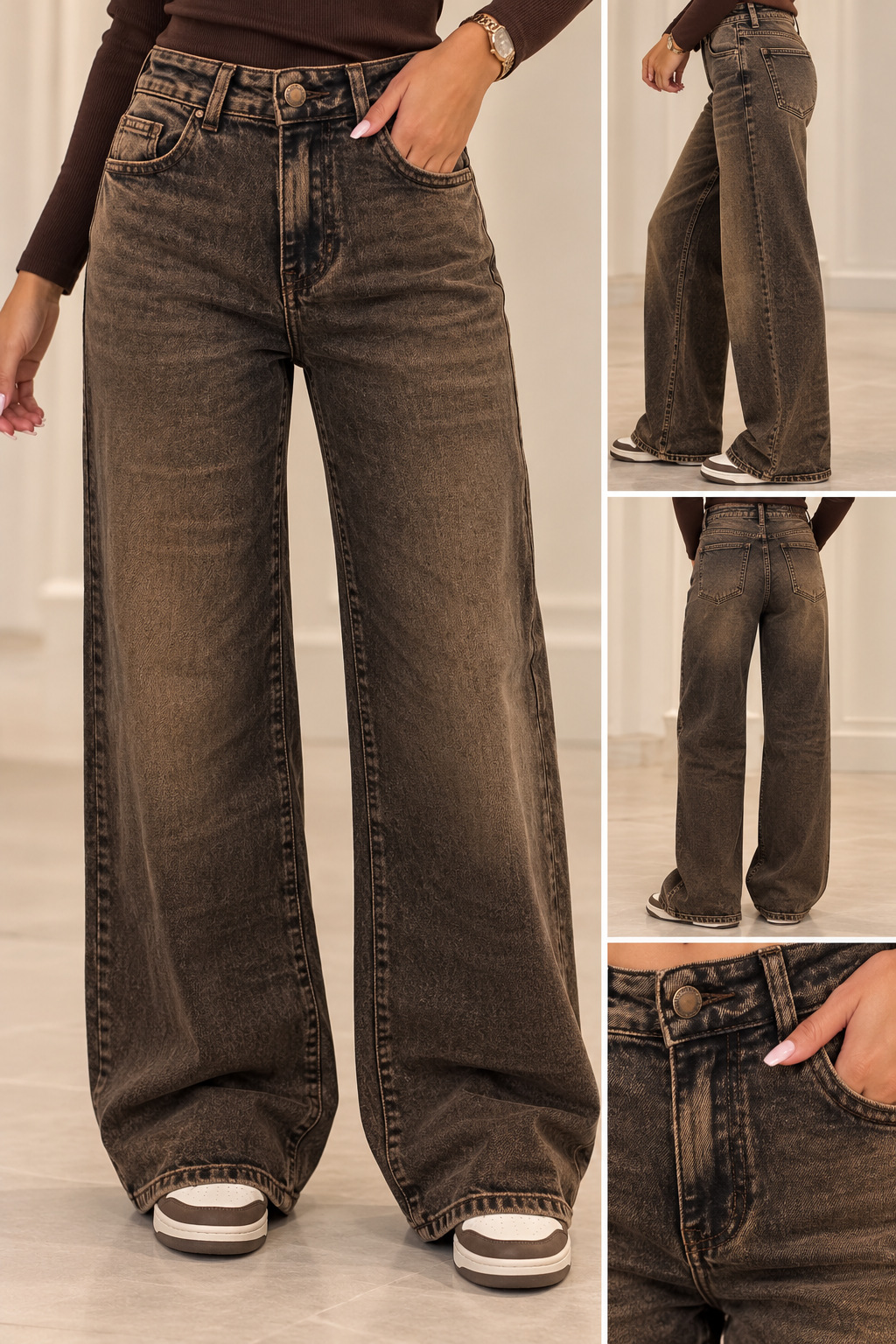 Vintage Wash Wide Leg Jeans – Brown Sarah John ST1016-15