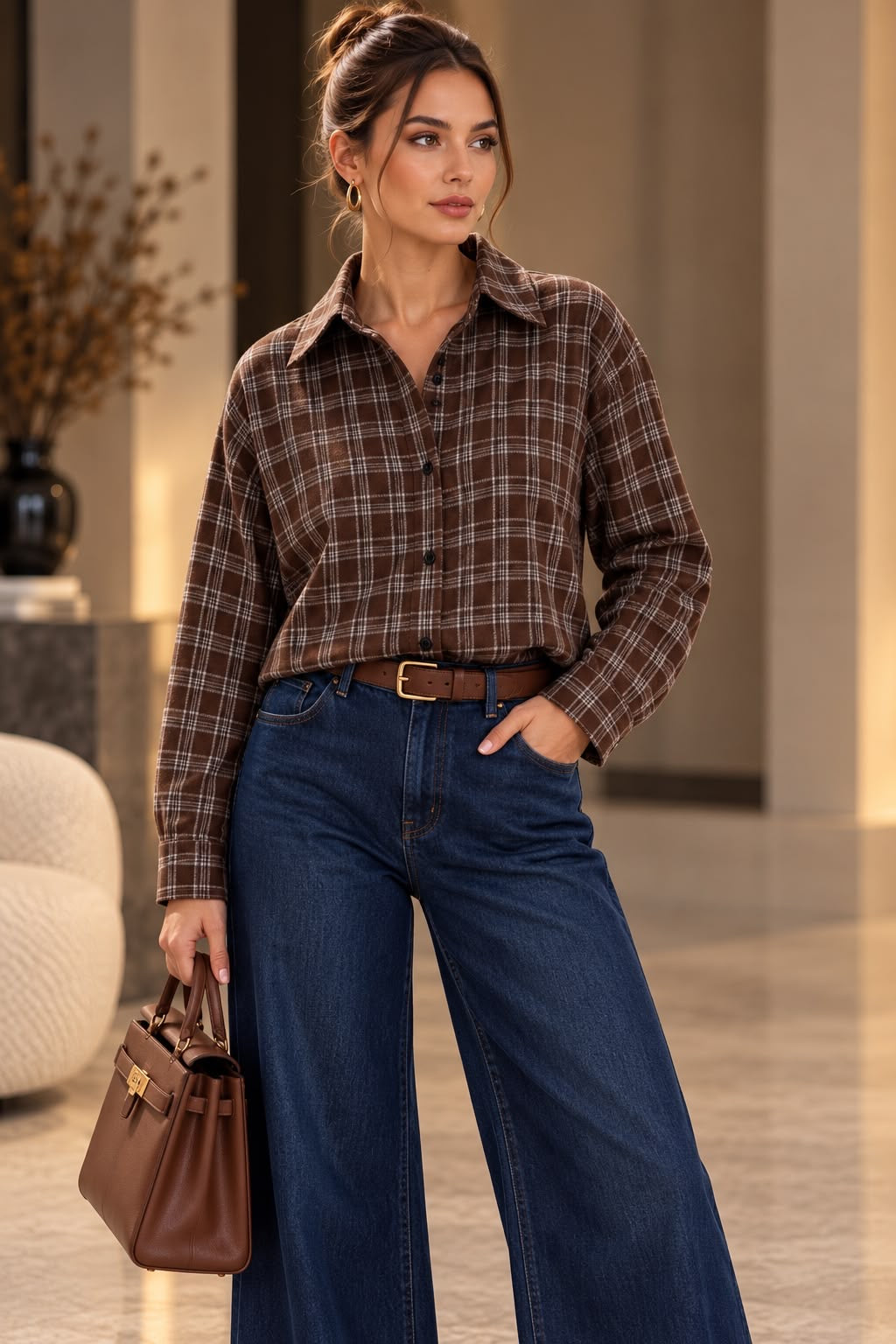 Geruite Casual Blouse – Navy & Bruin BN016