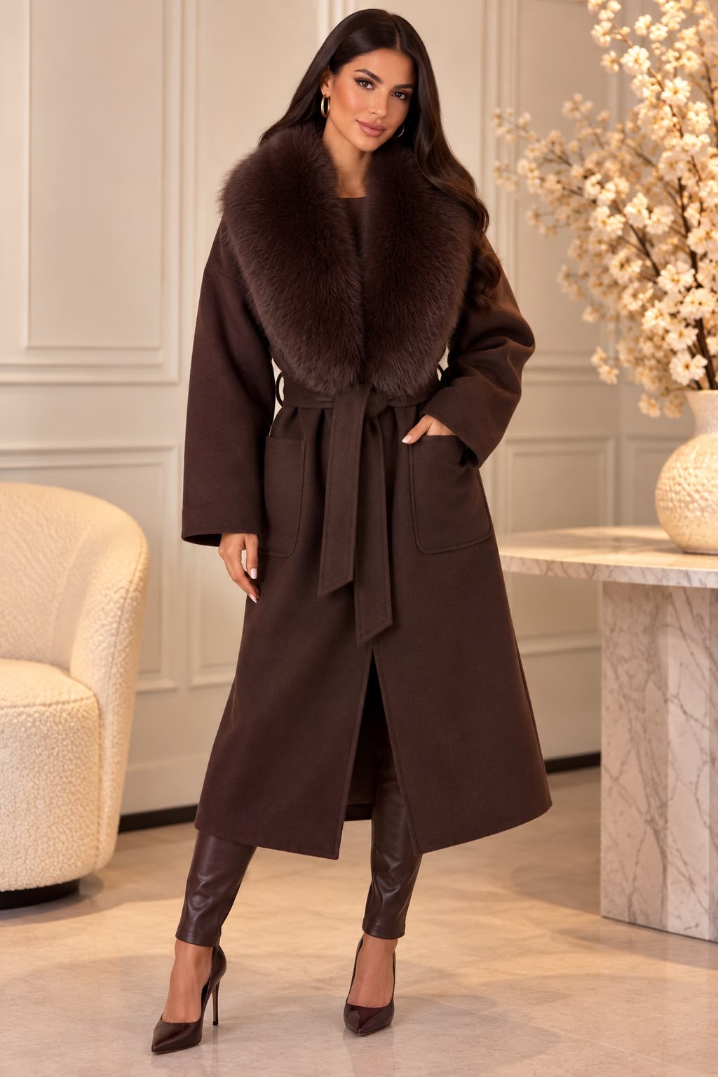Luxury Faux Fur Belted Coat