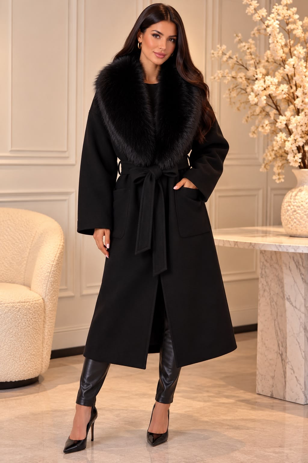 Luxury Faux Fur Belted Coat